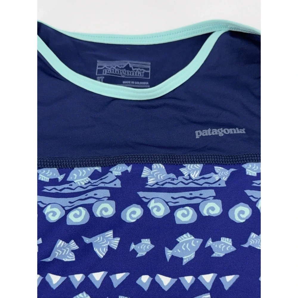 Patagonia Long Sleeve Rash Guard Swim Shirt Toddler 2T Navy Blue Fish Waves